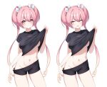  1girl absurdres black_shirt black_shorts breasts clothes_lift drill_hair gradient_hair highres large_breasts lifted_by_self long_hair looking_at_viewer midriff multicolored_hair multiple_views navel open_mouth original pink_eyes pink_hair shirt shirt_lift short_shorts short_sleeves shorts simple_background smile stomach thighs twin_drills twintails ugwa very_long_hair white_background 