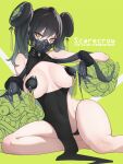  1girl bare_legs bare_shoulders black_gloves black_hair black_panties black_skirt breasts breasts_apart brown_eyes bun_cover character_name claws covered_collarbone feet_out_of_frame gas_mask girls&#039;_frontline gloves green_background high-waist_skirt highres jwthor large_breasts looking_at_viewer mask panties pasties pussy pussy_peek scarecrow_(girls&#039;_frontline) simple_background sitting skirt solo twintails underwear 