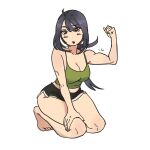  1girl abs black_hair black_shorts dddohlo dolphin_shorts flexing full_body green_tank_top hair_between_eyes hand_on_own_knee highres kneeling long_hair midriff muscular muscular_female open_mouth original ponytail red_eyes seiza shorts sidelocks simple_background sitting solo tank_top white_background 