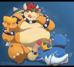  2023 96panda anthro avian balls belly big_belly bird blue_body blush bodily_fluids bowser crown cum erection genital_fluids genitals group headgear hi_res humanoid_hands kemono king king_penguin_(smbm) koopa male male/male mario_bros nintendo one_eye_closed penguin penis royalty scalie sex sitting the_super_mario_bros_movie 