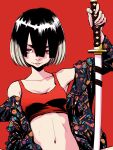  1girl absurdres asano_inio bare_shoulders black_hair bob_cut breasts collarbone colored_tips commentary_request crop_top evil_smile hair_between_eyes highres holding holding_sword holding_weapon jacket katana linea_alba looking_at_viewer medium_hair midriff mujina(mujina_into_the_deep) mujina_into_the_deep multicolored_hair navel off_shoulder red_background red_eyes simple_background small_breasts smile sword thick_eyebrows two-tone_hair upper_body weapon white_hair 