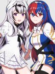  2girls alear_(female)_(fire_emblem) alear_(fire_emblem) bangs black_hair blue_eyes blue_hair braid breasts choker cleavage cleavage_cutout clothing_cutout crossed_bangs crown_braid dress english_commentary feather_hair_ornament feathers fire_emblem fire_emblem_engage grey_hair hair_ornament heterochromia highres holding_hands long_hair looking_at_viewer medium_breasts multicolored_hair multiple_girls official_alternate_costume peach11_01 petite purple_eyes red_eyes red_hair siblings sisters small_breasts smile split-color_hair two-tone_hair very_long_hair veyle_(fire_emblem) wavy_hair 