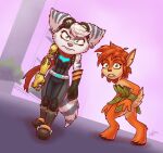  2023 absurd_res activision angry anthro being_watched boots brown_body brown_fur clothing crossover cybernetic_arm cybernetic_limb duo elora eyewear eyewear_on_head faun_(spyro) female footwear fur gloves goggles goggles_on_head handwear hi_res lombax looking_at_another luchosfactory mammal ratchet_and_clank rivet_(ratchet_and_clank) scarf signature sony_corporation sony_interactive_entertainment spyro_the_dragon white_body white_fur 