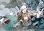  1girl anastasia_(fate) blue_cloak blue_eyes blush breasts cleavage cloak doll dress fate/grand_order fate_(series) fur_trim hair_over_one_eye hairband jewelry large_breasts long_hair looking_at_viewer neck_ring necklace no-kan open_mouth pendant solo very_long_hair viy_(fate) white_dress white_hair 