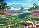  artist_name blue_sky cloud concept_art flower grass lorenzo_lanfranconi magic:_the_gathering mountainous_horizon nature outdoors pink_flower scenery signature sky tree vegetation water watermark 