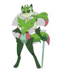  ambiguous_gender anthro clothing domestic_cat drawfee_(copyright) fakemon felid feline felis fur green_body green_fur green_hair hair hi_res hindpaw legwear long_hair mammal melee_weapon paws ponytail rotsuoy_wolfen solo sprigatito_(karina_farek) sword thigh_highs weapon 