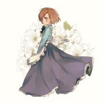  1girl apron blue_dress blush bokujou_monogatari brown_eyes brown_hair dress elli_(bokujou_monogatari) flower highres limogesa looking_at_viewer solo white_apron white_background white_flower 