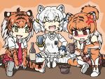  3girls @_@ ^_^ anger_vein animal_ear_fluff animal_ears animal_print bare_shoulders black_hair blush boots bottle bracelet brown_eyes butterfly_sitting byakko_(kemono_friends) chibi closed_eyes collared_shirt colored_inner_hair cup drunk elbow_gloves extra_ears fang gloves green_eyes grey_hair hair_bun hand_up holding holding_cup jewelry kemono_friends knee_up long_hair long_sleeves looking_at_another looking_down medium_hair miniskirt multicolored_hair multiple_girls necktie nose_blush open_mouth orange_hair outstretched_legs parted_lips plaid plaid_necktie plaid_skirt print_gloves print_skirt print_thighhighs shirt shoes short_sleeves short_twintails single_hair_bun sitting skirt sleeveless sleeveless_shirt smile south_china_tiger_(kemono_friends) spread_legs srd_(srdsrd01) sumatran_tiger_(kemono_friends) sweater_vest tail thighhighs thighlet tiger_ears tiger_girl tiger_print tiger_tail twintails v-shaped_eyebrows white_hair wing_collar zettai_ryouiki 