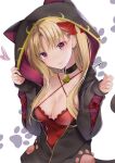  1girl adapted_costume akatsuki_hijiri animal_ear_hood animal_ears bell black_choker black_jacket blonde_hair blush bow breasts camisole cat_ears choker cleavage closed_mouth collarbone commentary commission criss-cross_halter ereshkigal_(fate) eyelashes eyes_visible_through_hair fang fate/grand_order fate_(series) frilled_camisole frills hair_bow hair_over_shoulder halterneck hands_up head_tilt heart hood hood_up hooded_jacket jacket jingle_bell large_breasts long_hair looking_at_viewer neck_bell parted_bangs partially_unzipped paw_print red_bow red_camisole red_eyes signature simple_background skeb_commission skin_fang sleeves_past_wrists smile solo two_side_up upper_body white_background zipper 