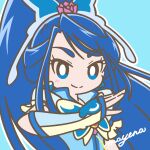  1girl blue_eyes blue_hair brooch butterfly_brooch butterfly_hair_ornament closed_mouth cure_aqua earrings eyelashes gloves hair_ornament high_ponytail highres jewelry long_hair magical_girl mayena minazuki_karen outline ponytail precure signature smile solo white_outline wide_ponytail yes!_precure_5 