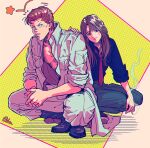  1boy 1girl blue_pants blue_shirt brother_and_sister brown_hair cigarette full_body hand_on_another&#039;s_shoulder highres holding holding_cigarette jacket kuwabara_kazuma kuwabara_shizuru kwsby_124 looking_at_viewer necktie open_clothes open_jacket orange_hair pants pompadour red_necktie shirt siblings signature sleeves_rolled_up smile smoke star_(symbol) topless_male white_jacket white_pants yu_yu_hakusho 