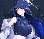  1girl bare_shoulders baseball_cap blue_archive blue_eyes blue_hair blue_headwear breasts coat commentary_request crop_top hat highres large_breasts long_hair midriff off_shoulder open_clothes open_coat saori_(blue_archive) shirt sleeveless sleeveless_shirt solo upper_body very_long_hair white_coat zuoye 