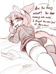  anthro biscuit_(blasticussaturn) blasticussaturn butt canid canine clothing dialogue female hi_res hoodie leggings legwear looking_back mammal monochrome open_mouth panties signature simple_background sketch smile solo speech_bubble thigh_highs topwear underwear 