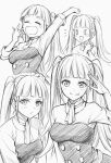  1girl ascot black_dress blunt_bangs blush blush_stickers breasts closed_eyes commentary dress fire_emblem fire_emblem:_three_houses frown garreg_mach_monastery_uniform greyscale hilda_valentine_goneril large_buttons long_sleeves looking_at_viewer medium_breasts monochrome multiple_views open_mouth own_hands_together school_uniform shirt simple_background smile ten_(tenchan_man) tongue tongue_out triangle_mouth twintails upper_body white_background white_shirt yawning 