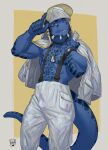  abs anthro argonian armor bethesda_softworks blue_body blue_skin clock clothing dog_tags firefighter firefighter_helmet firefighter_uniform headgear helmet hi_res lion21 looking_at_viewer male muscular scalie solo suspenders the_elder_scrolls uniform watch white_clothing 