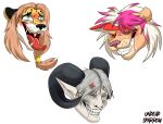  2023 2_horns ahegao anthro bared_teeth black_gem black_horn black_nose black_spots black_spotted_body black_spotted_fur blush bodily_fluids brown_body brown_fur cheetah clenched_teeth cougar countershade_face countershade_fur countershading cross-popping_vein curled_horn drooling elf eyes_closed felid feline female fur green_eyes grey_hair group hair headshot_portrait hi_res horn humanoid humanoid_pointy_ears laugh long_hair looking_pleasured male mammal multicolored_hair open_mouth pale_skin pink_hair pink_nose portrait red_blush red_tongue round_ears saliva sharp_teeth short_hair simple_background smile snout spots spotted_body spotted_fur teeth teeth_showing tickling tongue tongue_out trio two_tone_hair undeadsparrow white_background white_body white_fur white_hair yellow_body yellow_fur 