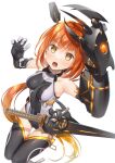  1girl black_thighhighs breasts brown_eyes claw_pose elbow_gloves gauntlets gloves highres leotard long_hair looking_at_viewer moti_ken open_mouth orange_hair original ponytail single_gauntlet small_breasts solo thighhighs two-tone_leotard very_long_hair white_background 