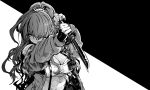  1girl absurdres arms_up breasts cleavage fingerless_gloves gloves greyscale hair_over_one_eye highres holding holding_knife jacket knife lain_paterson large_breasts long_hair long_sleeves monochrome nijisanji open_clothes open_jacket ponytail sakayama_shinta shirt simple_background solo upper_body virtual_youtuber 