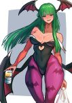  1girl absurdres animal_print ap_cammy bag bare_shoulders bat_print bat_wings breasts bridal_gauntlets cleavage clothing_cutout demon_girl drink elbow_gloves gloves green_eyes green_hair grocery_bag head_wings heart_cutout highres large_breasts leotard long_hair looking_at_viewer low_wings morrigan_aensland pantyhose print_pantyhose purple_pantyhose purple_wings shopping_bag smile solo solo_focus vampire_(game) wings 