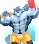  2022 abs anthro armpit_hair axe axe_beak black_nipples black_pawpads black_sclera blue_background blue_body blue_eyes blue_fur body_hair bottomwear canid canine canis claws clothing finger_claws firefighter firefighter_uniform fur grin hi_res holding_axe holding_object male mammal muscular muscular_anthro muscular_male naval_tuft navel nipples obliques pants pawpads pecs pubes roderick_(limits_vn) rujirublkdragon simple_background smile solo titandraugen uniform white_background wolf yellow_bottomwear yellow_clothing yellow_pants 