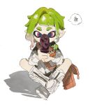  1girl full_body green_hair hands_up highres holding holding_phone inkling inkling_girl ma_fu phone red_eyes short_eyebrows simple_background sitting solo splatoon_(series) spoken_squiggle squiggle strap white_footwear 