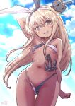  bikini blonde_hair breasts cowboy_shot criss-cross_halter dark-skinned_female dark_skin fuji_(pixiv24804665) grey_eyes hairband halterneck highres kantai_collection long_hair open_mouth rensouhou-chan round_teeth shimakaze_(kancolle) small_breasts smile swimsuit teeth thigh_gap two-tone_bikini two-tone_hairband upper_teeth_only 