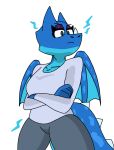  anthro blue_body blue_eyes breasts clash_royale clothed clothing crossed_arms digital_media_(artwork) dragon electro_dragon_(clash_royale) enderbendr female scalie simple_background solo supercell_(company) tail thick_thighs unimpressed wings 