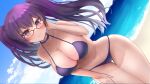  1girl beach bikini blush breasts choker cleavage closed_mouth commission day glasses hand_on_own_thigh highres large_breasts long_hair looking_at_viewer navel ocean original outdoors purple_bikini purple_eyes purple_hair red-framed_eyewear reityana skeb_commission smile solo swimsuit twintails water 