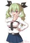  1girl absurdres anchovy_(girls_und_panzer) anzio_school_uniform black_necktie blue_skirt blush breasts dated drill_hair drops_mint girls_und_panzer green_hair hair_ribbon highres large_breasts long_hair looking_at_viewer miniskirt necktie open_mouth red_eyes ribbon school_uniform shirt signature simple_background skirt smile solo twin_drills white_background white_shirt 