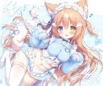  1girl :d animal_ear_fluff animal_ears apron bandaid bandaid_on_leg blue_background blue_eyes blue_jacket blue_skirt blush breasts brown_hair cat_ears commentary_request creature cropped_jacket frilled_apron frills hair_between_eyes hair_ornament hairclip heterochromia jacket jersey_maid large_breasts long_hair long_sleeves looking_at_viewer maid_apron maid_headdress midriff miniskirt momozu_komamochi navel open_mouth original paw_pose sidelocks signature skindentation skirt sleeves_past_wrists smile solo tail thighhighs track_jacket turtleneck turtleneck_jacket unconventional_maid white_apron white_thighhighs yellow_eyes zettai_ryouiki 