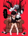  2boys black_eyes black_hair black_socks black_sweater_vest black_tank_top brown_shorts child collar colored_skin couch crying dual_persona empty_eyes expressionless floating hands_up highres k_toast male_focus multiple_boys omori omori_(omori) on_couch photo_(object) red_background red_eyes short_hair short_sleeves shorts sitting socks striped striped_shorts sunny_(omori) sweater_vest tank_top translated upside-down vertical-striped_shorts vertical_stripes white_collar white_skin white_socks 