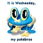  1:1 absurd_res ambiguous_gender amphibian artist_name big_iris blue_body blue_text chocoholicmonkey closed_smile english_text feral froakie generation_6_pokemon gesture hi_res it_is_wednesday_my_dudes looking_at_viewer meme mouth_closed nintendo pokemon pokemon_(species) reverse_v_sign shadow simple_background smile smiling_at_viewer solo text v_sign white_background yellow_eyes 