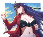  1girl aoba_(smartbeat) bikini black_bikini blue_eyes blue_sky breasts choker cleavage clenched_hands cloud collarbone cross cross_choker drawstring earrings fate/grand_order fate_(series) grin highres jacket jewelry large_breasts long_hair long_sleeves looking_to_the_side martha_(fate) martha_(swimsuit_ruler)_(fate) martha_(swimsuit_ruler)_(second_ascension)_(fate) navel open_clothes open_jacket purple_hair red_jacket sky smile solo swimsuit 