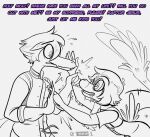  &lt;3 &lt;3_eyes anthro bodily_fluids clothed clothing dialogue dinosaur dromaeosaurid drooling duo english_text feathered_tail feathers goodbye_volcano_high hair hand_holding leo_(gvh) long_snout male monochrome overalls reptile sage_(gvh) saliva scalie seven_(artist) side_view simple_background snoot_game_(fan_game) snout tail text theropod velociraptor white_background 