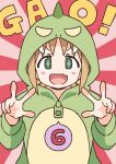  +_+ 1girl :d blonde_hair blush_stickers commentary_request dinosaur_costume double_w fang finger_counting gao green_eyes hood hood_up long_sleeves looking_at_viewer nekotoufu official_art oka_asahi onesie onii-chan_wa_oshimai! open_mouth simple_background skin_fang smile solo spoken_number sunburst sunburst_background w white_background zipper_pull_tab 