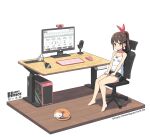  1girl barefoot black_shorts blush breasts brown_eyes brown_hair camisole cellphone chair charger closed_mouth commentary_request computer computer_tower desk hair_ribbon hatsunatsu keyboard_(computer) microphone monitor mouse_(computer) office_chair on_chair original phone ponytail red_ribbon ribbon short_shorts shorts simple_background sitting small_breasts smile solo swivel_chair watermark web_address webcam white_background white_camisole wooden_floor 