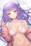  1girl aqua_eyes bare_shoulders bed_sheet bikini bow breasts collarbone dika hair_bow hand_up highres indie_virtual_youtuber jacket large_breasts lf_(paro) long_hair long_sleeves looking_at_viewer navel off_shoulder one_side_up open_clothes open_jacket open_mouth pink_jacket purple_hair skindentation solo stomach string_bikini swimsuit virtual_youtuber white_bikini 