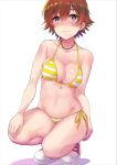  1girl alternate_costume bikini blush breasts brown_hair cleavage collarbone groin hair_between_eyes halterneck hand_on_own_knee honda_mio idolmaster idolmaster_cinderella_girls looking_at_viewer medium_breasts navel nose_blush shiroyukimajima side-tie_bikini_bottom simple_background skindentation smile solo squatting stomach striped striped_bikini swimsuit two-tone_bikini white_background yellow_bikini 