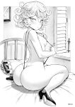  1girl ass bare_shoulders bed blush breasts curly_hair from_behind hair_between_eyes high_heels highres indoors looking_at_viewer looking_back mogudan monochrome on_bed one-punch_man parted_lips pillow short_hair sitting slingshot_swimsuit small_breasts solo swimsuit tatsumaki thighs wariza 