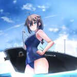  1girl absurdres ahoge black_hair blue_eyes blue_one-piece_swimsuit blue_sky braid cloud covered_navel day giant giantess hair_flaps highres kantai_collection long_hair looking_at_viewer one-piece_swimsuit outdoors school_swimsuit shigure_(kancolle) ship sigure-zzzz single_braid sky solo swimsuit wading water watercraft wet wet_clothes wet_swimsuit 