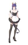  1girl absurdres alternate_costume apron arknights black_dress breasts ch&#039;en_(arknights) dragon_horns dragon_tail dress frilled_apron frills goateeee high_heels highres horns maid maid_apron maid_headdress puffy_short_sleeves puffy_sleeves short_sleeves tail thighhighs white_apron wrist_cuffs 