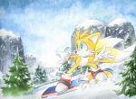  1boy blue_sky day finik gloves highres outdoors pine_tree shoes sky snow snowboarding snowing solo sonic_(series) tails_(sonic) tree white_gloves 
