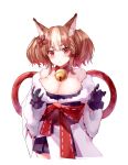  1girl aged_up alternate_breast_size animal_ear_fluff animal_ears bare_shoulders bell black_gloves black_skirt blush braid breasts brown_hair cleavage closed_mouth coat collar curious fluffy fox_ears fur-trimmed_kimono fur_trim gloves hair_ornament japanese_clothes jingle_bell kimono large_breasts layered_clothes long_sleeves multicolored_hair neck_bell obi pleated_skirt purple_coat red_collar red_eyes ribbon sash sekka_(shadowverse) shadowverse simple_background skirt solo surprised twintails two-tone_hair upper_body watchdog_rol_(y1104280730) white_background white_coat white_hair wide_sleeves 