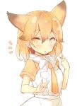  1girl alternate_hair_length alternate_hairstyle animal_ears blush bow bowtie brown_hair extra_ears ezo_red_fox_(kemono_friends) fox_ears fox_girl fox_shadow_puppet gradient_hair hair_between_eyes kemono_friends kibii_mocha looking_at_viewer medium_hair multicolored_hair orange_eyes orange_hair parted_lips short_sleeves simple_background upper_body white_background white_bow white_bowtie 