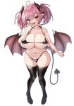  1girl :d ahoge areola_slip bikini black_bikini black_thighhighs blush boots breasts bright_pupils demon_girl demon_tail demon_wings earrings fang full_body highres horns jewelry large_breasts micro_bikini open_mouth oppai_loli original pink_hair pointy_ears red_eyes short_hair simple_background skin_fang smile smug solo standing swimsuit tail takimoto_yukari thigh_boots thighhighs twintails white_background wings 