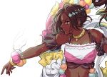  1girl bandeau bare_shoulders brown_hair camisole commentary dark_skin detached_sleeves fire_emblem fire_emblem_engage highres jewelry long_hair midriff navel neck_ring smile solo stomach timerra_(fire_emblem) umi_(_oneinchswing) upper_body white_background 