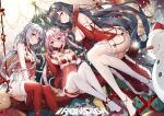  3girls ahoge bare_shoulders black_hair blue_eyes breasts christmas christmas_ornaments christmas_tree cleavage copyright_name grey_hair heterochromia high_heels highres holding iron_saga matilda_(iron_saga) multiple_girls official_art pink_hair purple_eyes see-through slokai_(iron_saga) smile snowman thighhighs vespa_(iron_saga) 