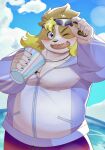  absurd_res amidasuke anthro beach belly beverage blue_eyes blush canid canine canis clothing domestic_dog eyewear floppy_ears fur hi_res hisaki_(live_a_hero) jacket jewelry lifewonders live_a_hero looking_at_viewer male mammal musclegut necklace one_eye_closed pawpads pecs sea seaside solo sunglasses topwear water wink yellow_body yellow_fur 