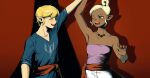  1boy 1girl arm_up blonde_hair blush dark-skinned_female dark_skin highres holding_hands jewelry link looking_at_another necklace pointy_ears red_sash sash senzo6700 shirt smile strapless strapless_shirt tetra the_legend_of_zelda the_legend_of_zelda:_the_wind_waker toon_link tube_top upper_body 