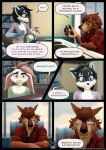  3d_(artwork) anthro black_hair blue_body blue_fur brown_body brown_fur buckteeth canid canine canis chair clothing comic comic_panel computer_keyboard computer_mouse desk dialogue digital_media_(artwork) dransvitry english_text female fur furniture gesture green_eyes hair hi_res lagomorph leporid male mammal meeting necktie office office_chair oliver_(striped_sins) pink_hair post-it_note procyonid purple_eyes rabbit raccoon ryder_(striped_sins) shirt speech_bubble striped_sins t-shirt table teeth text topwear url white_body white_fur willitfit wolf worried yellow_eyes 